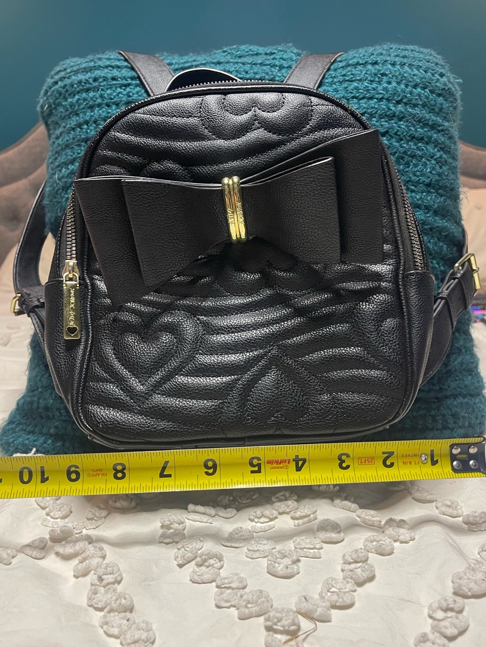 Betsey Johnson Black Quilted Heart Bow Mini Backpack Purse - Picture 2 of 14